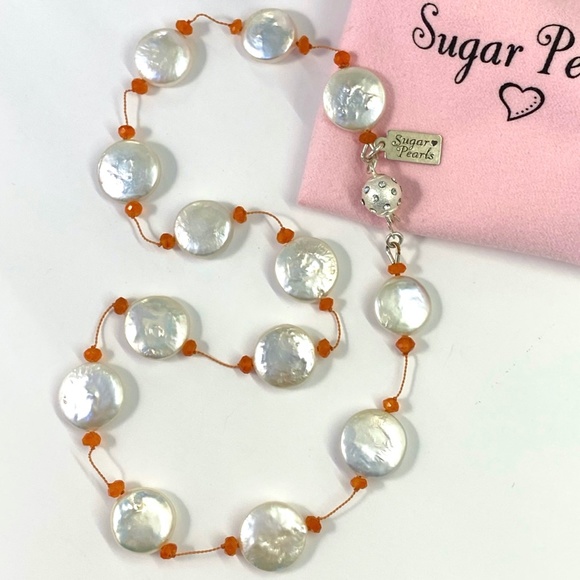 Sugar Pearls Jewelry - Hand Knotted Freshwater Pearl & Carnelian Necklace